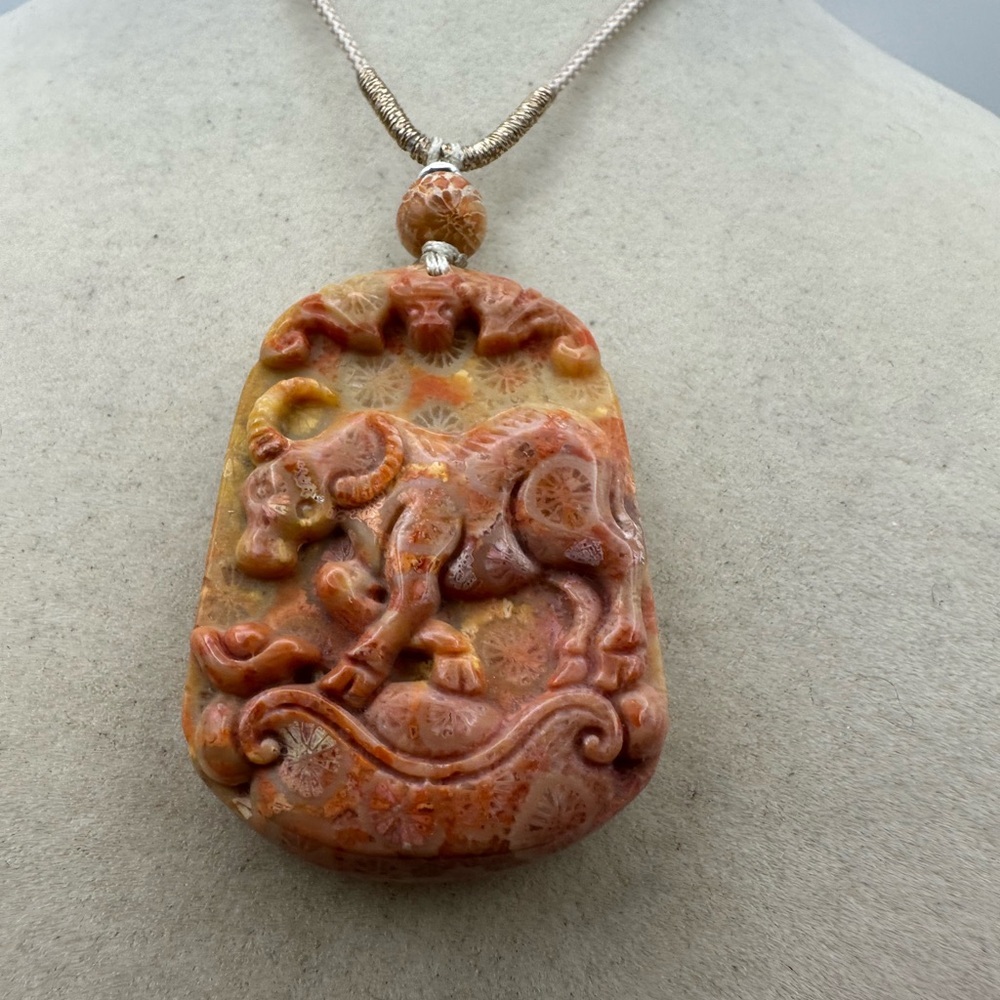Coral Fossil Bull Pendant Necklace Silver Accent Adjustable Rope
